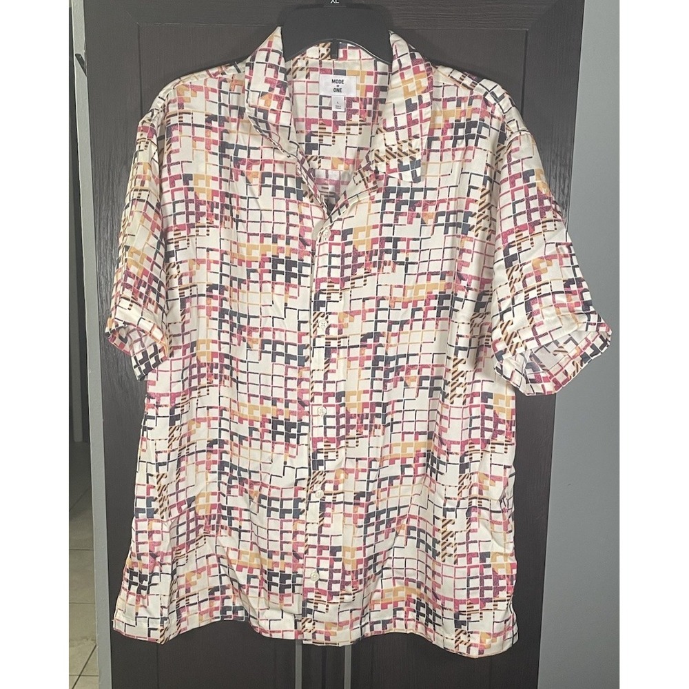 Mode of One Short Sleeve Button-Up Shirt Mens L with Multi-Color Grid Print
